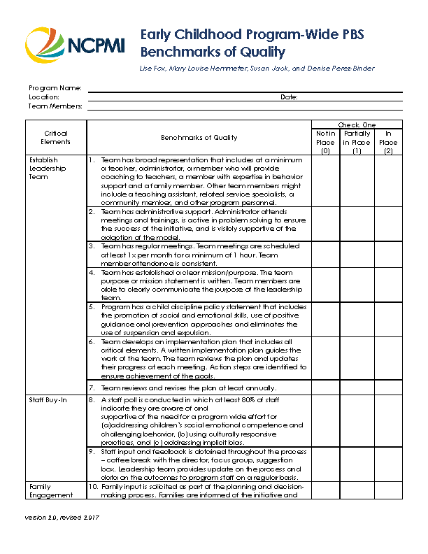 Early Childhood Program-Wide PBS Benchmarks of Quality v. 3.0 (PDF)