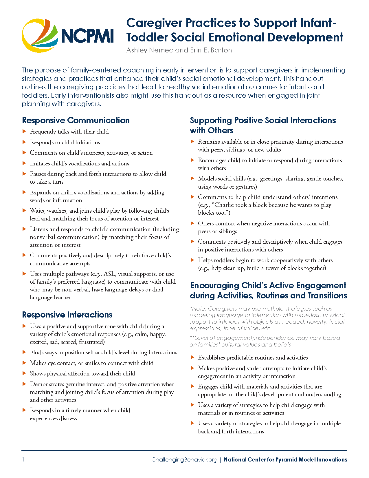 Caregiver Practices to Support Infant-Toddler Social-Emotional Development