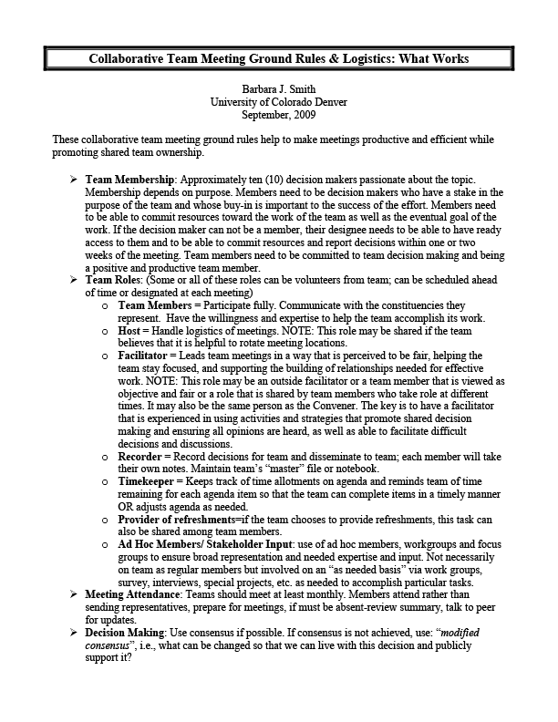 Collaborative Team Meeting Ground Rules & Logistics: What Works