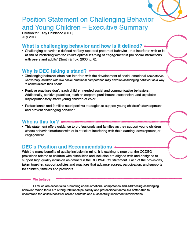 Division for Early Childhood (DEC) Position Statement on Challenging Behavior and Young Children - Executive Summary