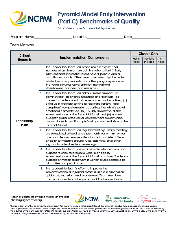 Pyramid Model Early Intervention (Part C) Benchmarks of Quality (BoQ) Form