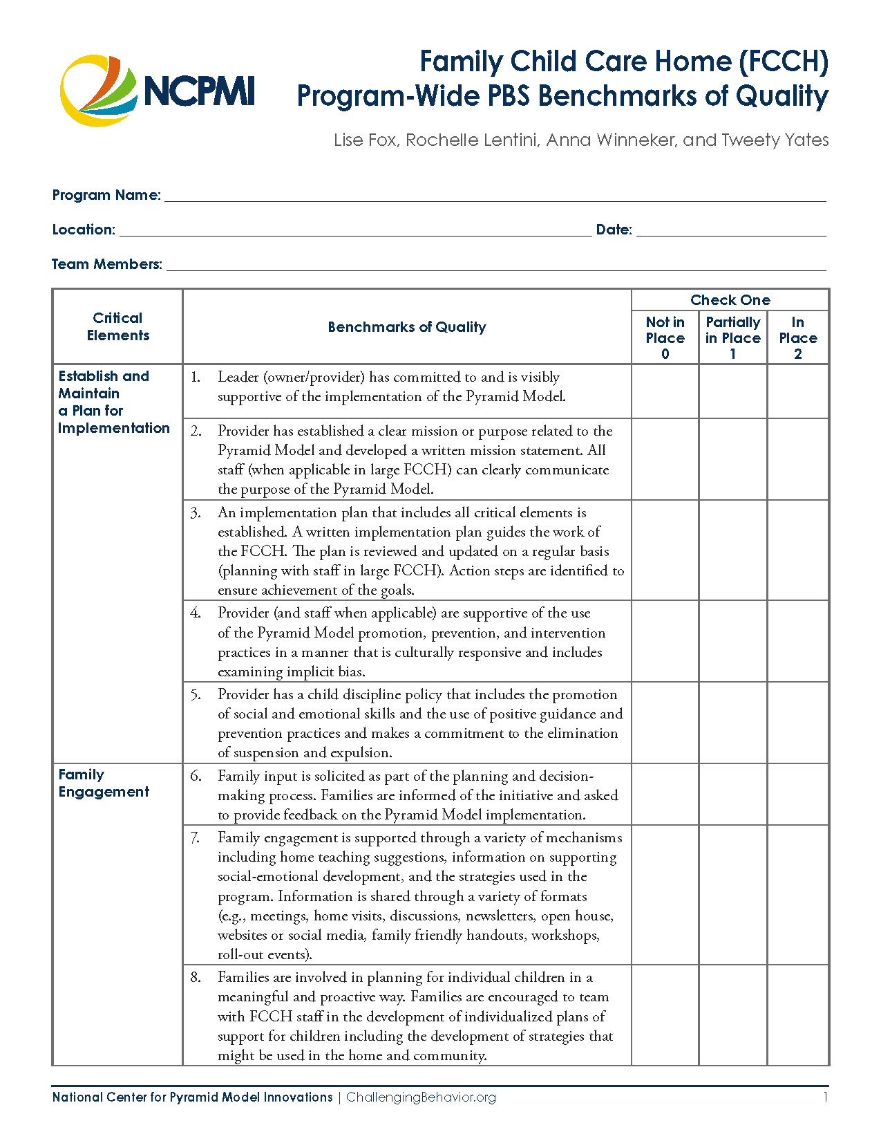 Family Child Care Home (FCCH) Program-Wide PBS Benchmarks of Quality