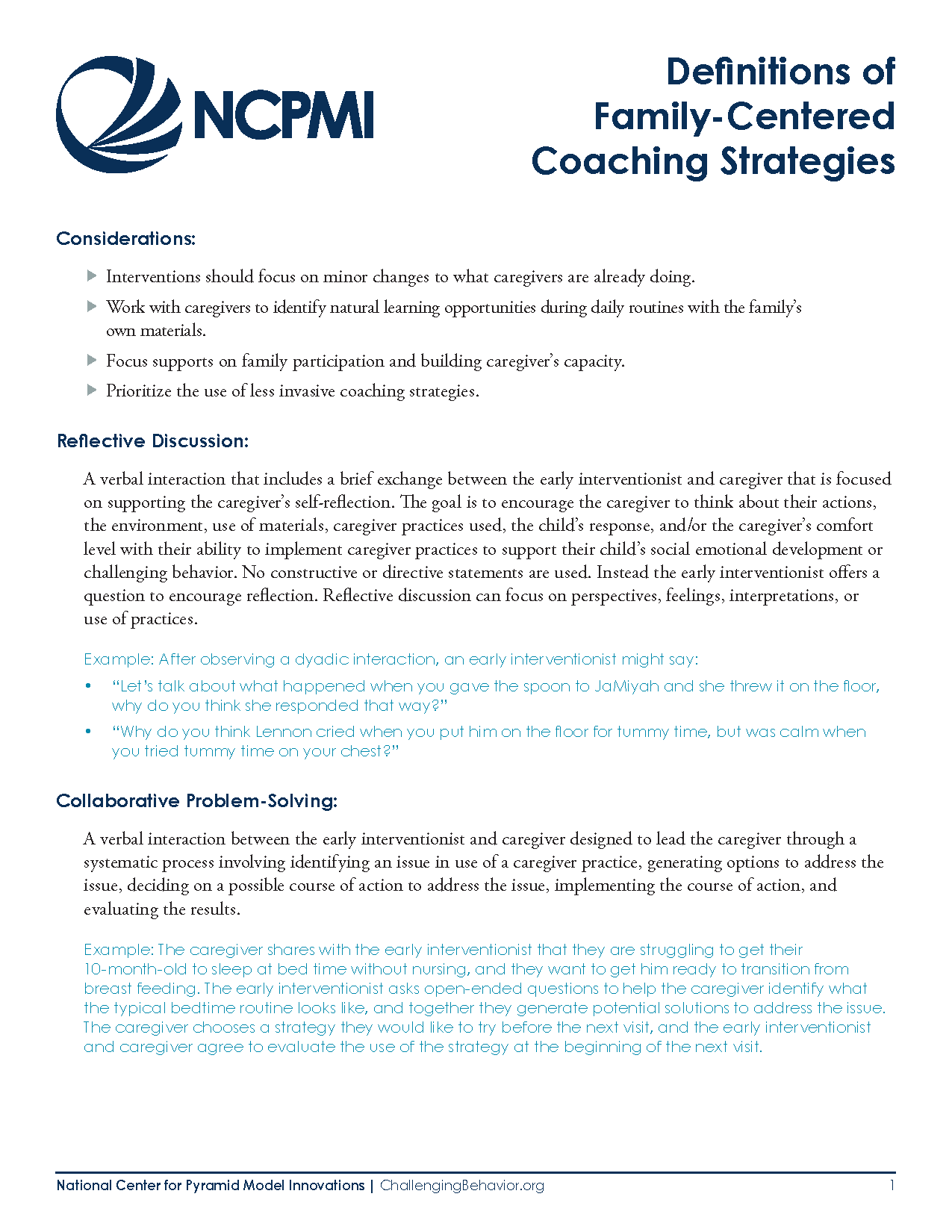 Definitions of Family-Centered Coaching Strategies