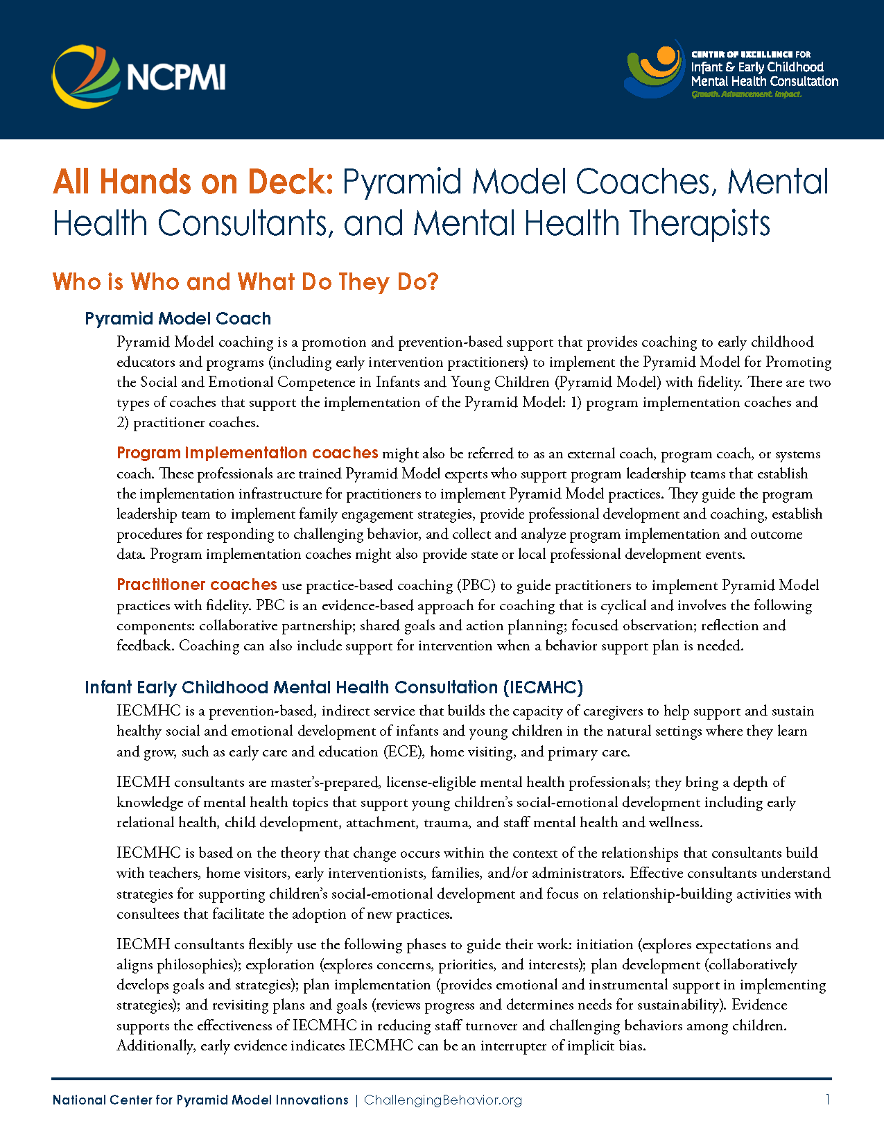 All Hands on Deck: Pyramid Model Coaches, Mental Health Consultants, and Mental Health Therapists