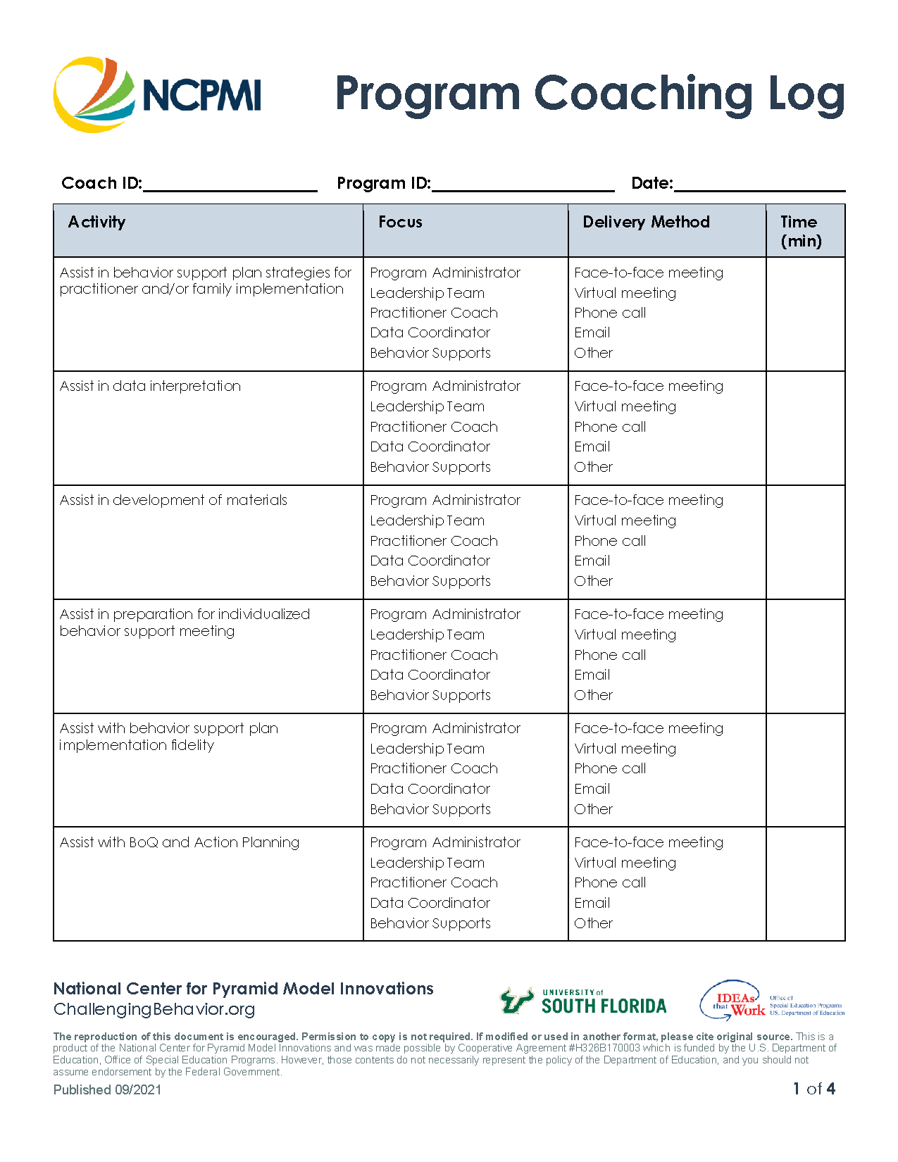 Program Coaching Log