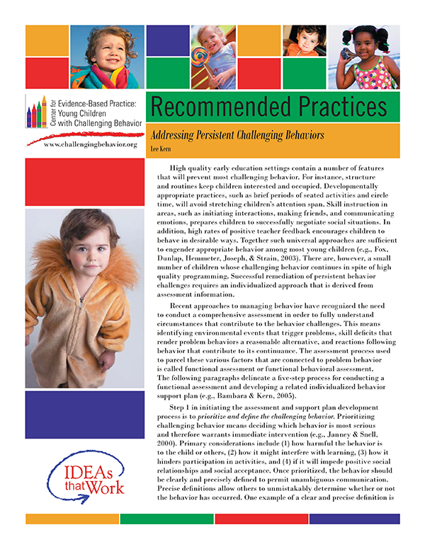 Recommended Practices: Addressing Persistent Challenging Behaviors