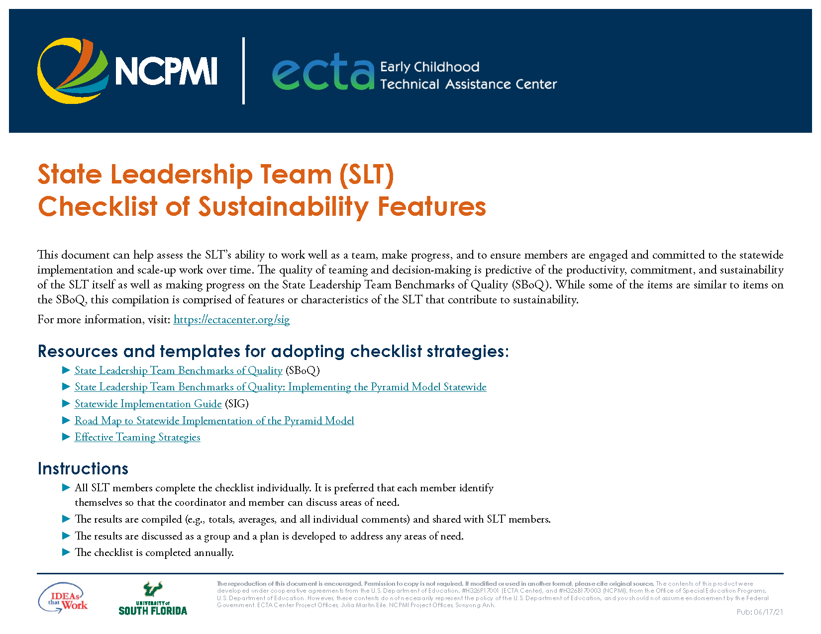 State Leadership Team (SLT) Checklist of Sustainability Features
