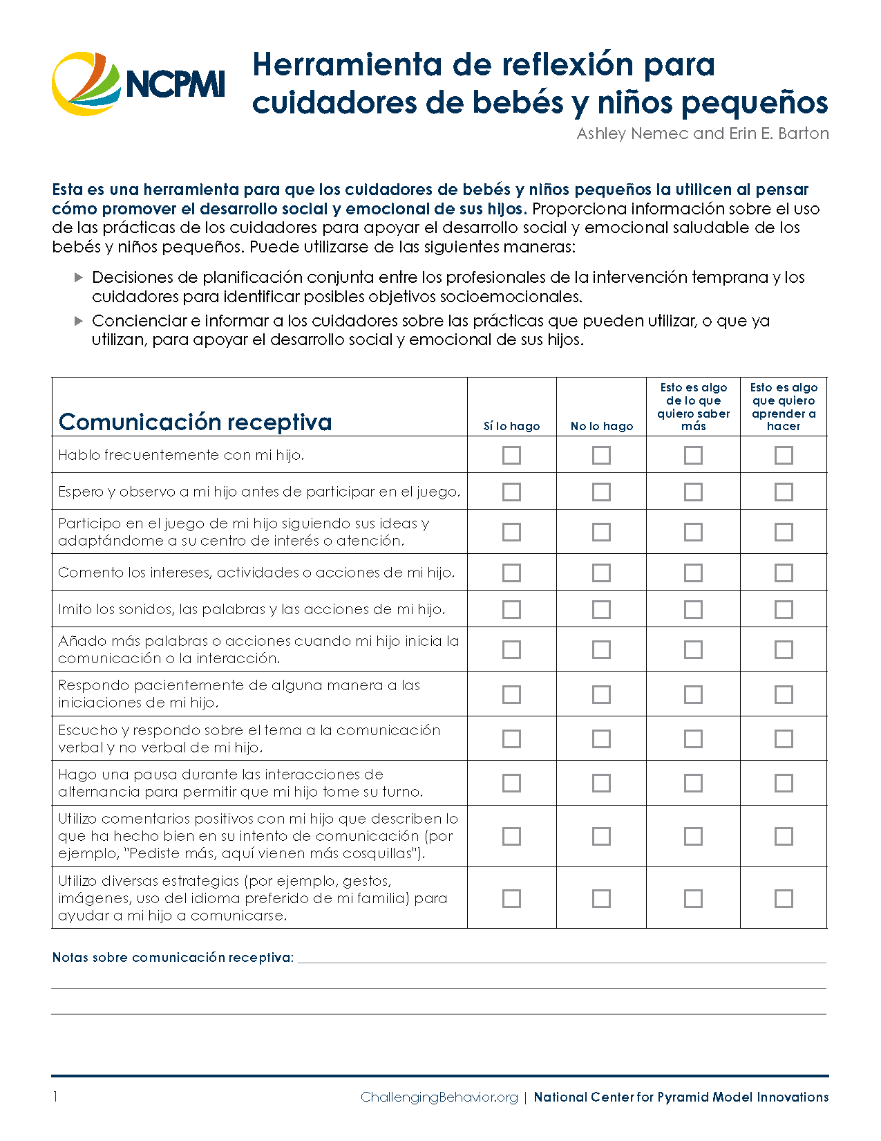 Infant-Toddler Caregiver Reflection Tool (Spanish)