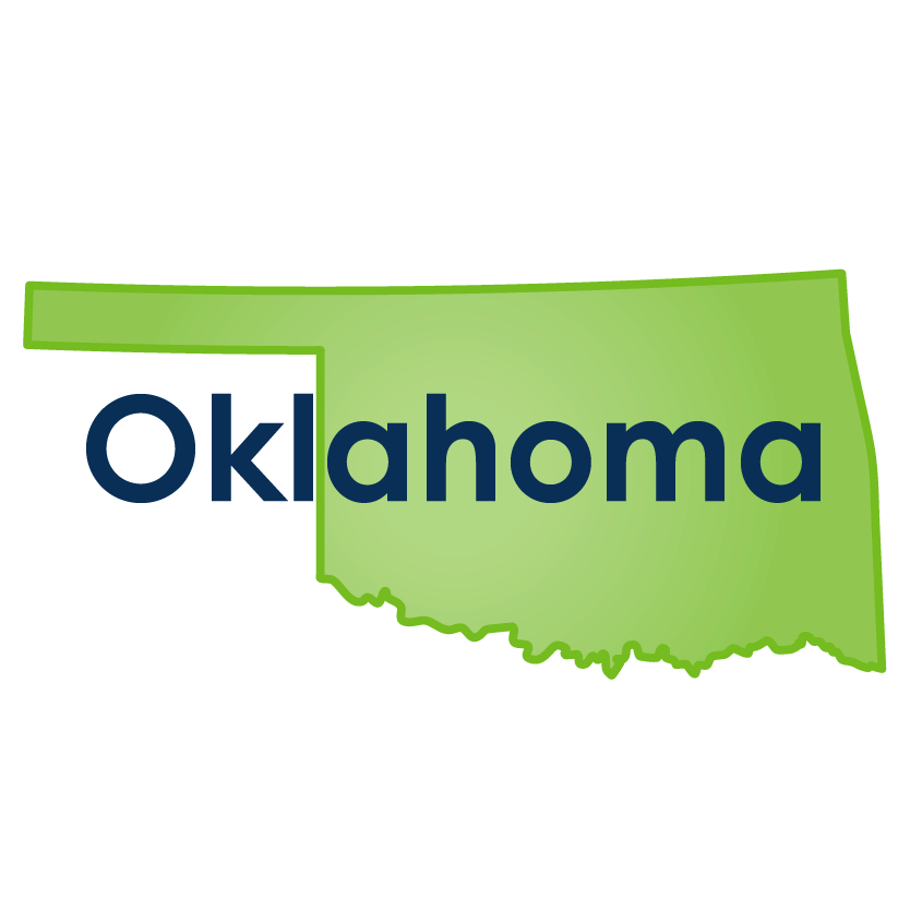 OK State of Oklahoma map in green with the work Oklahoma in front typed in navy blue