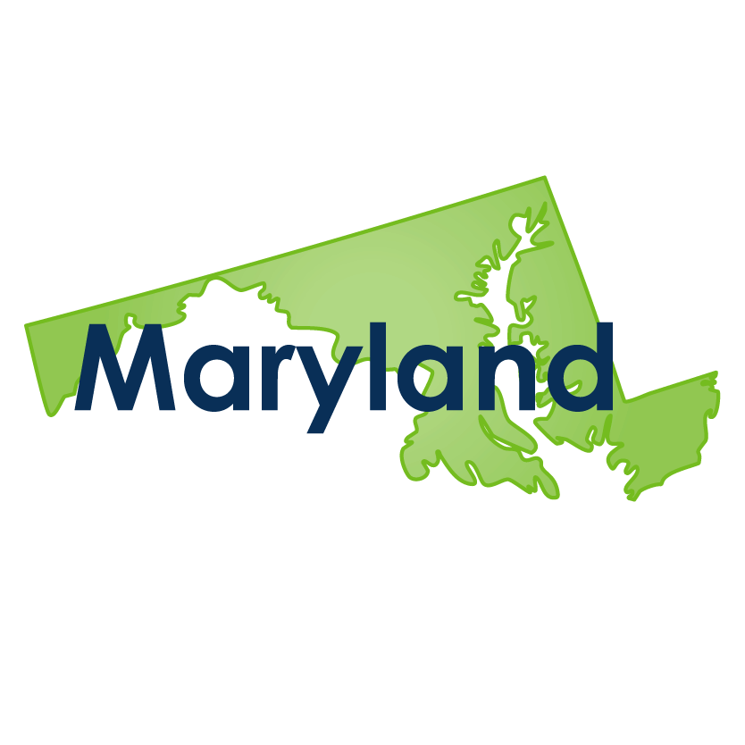 Maryland Maryland state image map in green with the state name on top in navy blue.