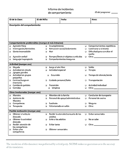 Thumbnail view of the Spanish translation of the Behavior Incident Report provided by the IdahoStars team
