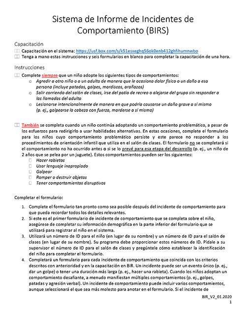 Thumbnail view of page 1 of the Spanish translation of the Behavior Incident Report provided by the OSU Inclusion Implementation Support Team