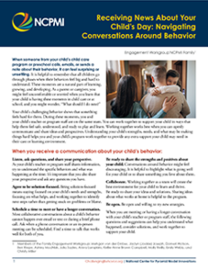 Thumbnail image of page one of the Receiving News About Your Child’s Day: Navigating Conversations Around Behavior resource
