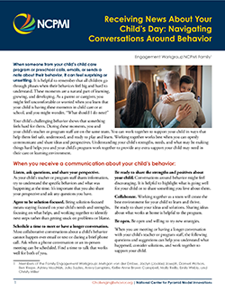 Thumbnail image of page one of the Receiving News About Your Child’s Day: Navigating Conversations Around Behavior resource