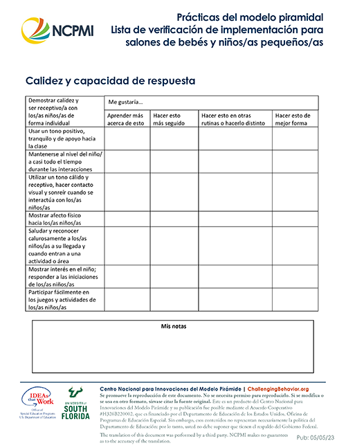 Pyramid Model Practices Implementation Checklist for Infant and Toddler Classrooms (Spanish) thumbnail image