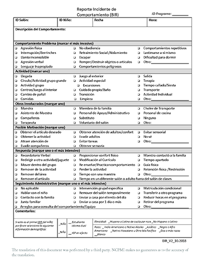 Thumbnail view of the Spanish translation of the Behavior Incident Report provided by the Oregon Child Development Coalition