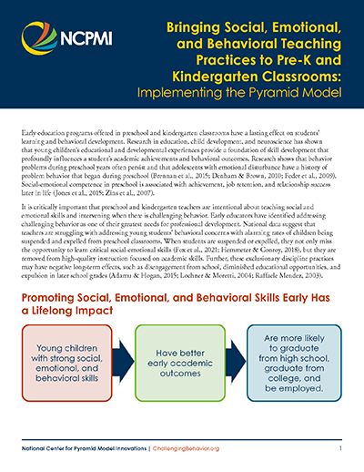Implementing the Pyramid Model National Center for Pyramid Model Innovations | ChallengingBehavior.org 1 Bringing Social, Emotional, and Behavioral Teaching Practices to Pre-K and Kindergarten Classrooms: Implementing the Pyramid Model page 1 thumbnail view