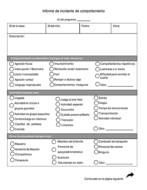 Thumbnail view of the first page of the Behavior Incident Report (Spanish) translated by the team at Oregon State University Implementation Support Team