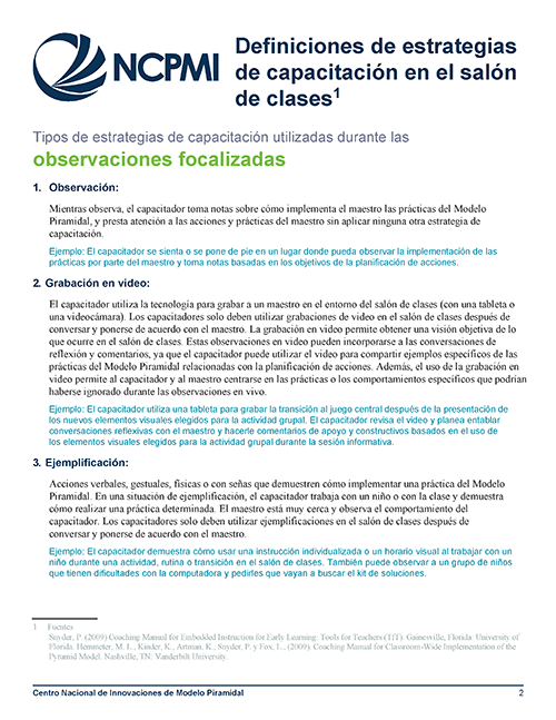 Thumbnail image of the first page of the Definitions of Classroom Coaching Strategies (Spanish)