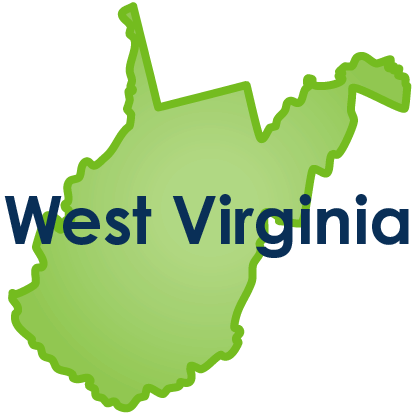 west-virginia Green colored map of West Virginia with the name in navy blue on top of the map.