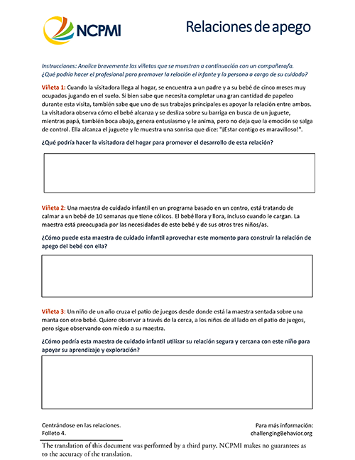 Attachment Relationships (Spanish) thumbnail Spanish version of handout 4 of the Infant-Toddler Module 2