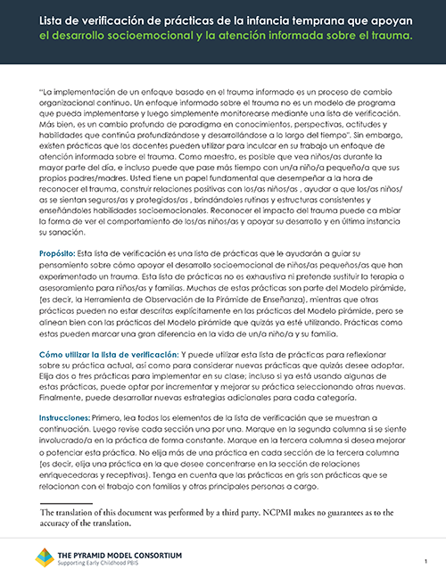 Checklist of Early Childhood Practices that Support Social-Emotional Development and Trauma-Informed Care (Spanish)