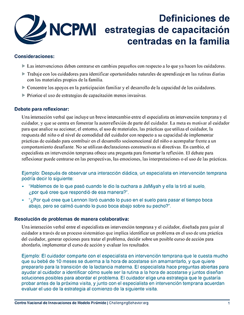 Thumbnail of page one of the Definitions of Family-Centered Coaching Strategies (Spanish)