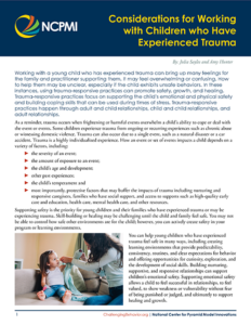 Thumbnail image of page 1 of the Considerations for Working with Children who Have Experienced Trauma guide