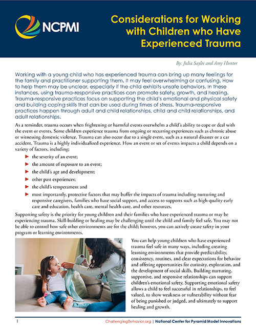 Thumbnail image of page 1 of the Considerations for Working with Children who Have Experienced Trauma guide