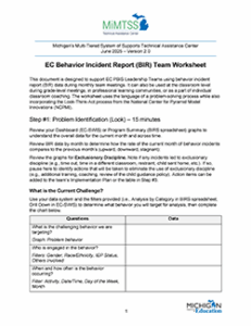 Thumbnail image of page one of Michigan's Multi-Tiered System of Supports Technical Assistance Center EC Behavior Incident Report (BIR) Team Worksheet