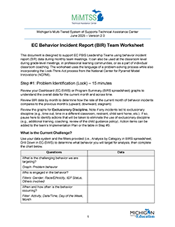 Thumbnail image of page one of Michigan's Multi-Tiered System of Supports Technical Assistance Center EC Behavior Incident Report (BIR) Team Worksheet